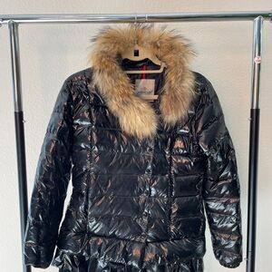 Moncler Shiny Black Puffer Coat with Fur Collar